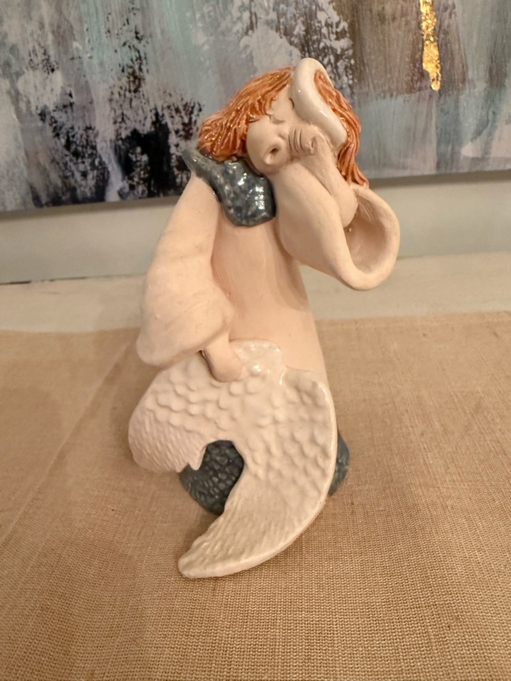 Ceramic Angel Figurine in Cream and Blue - Decorative Home Accent